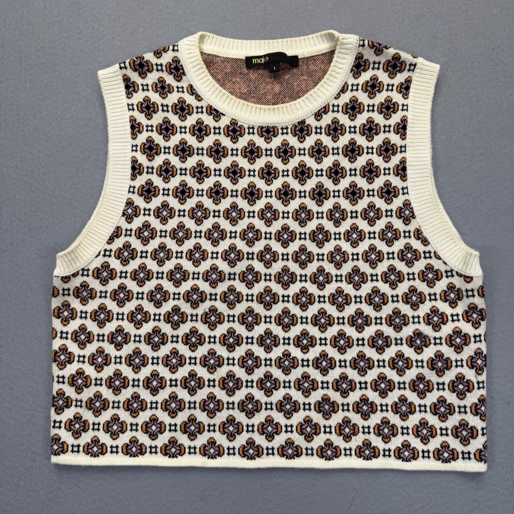 Maje MFPPU00490 Geometric Knit Sweater Vest Ecru Metallic Size 1 Small READ